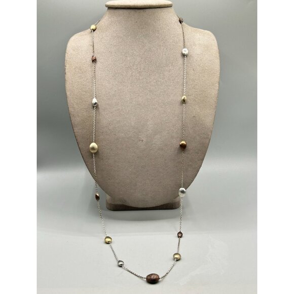 Tri-Color Station Necklace with Silver Gold & Copper Toned Beads Dainty Thin Cha - Picture 6 of 6